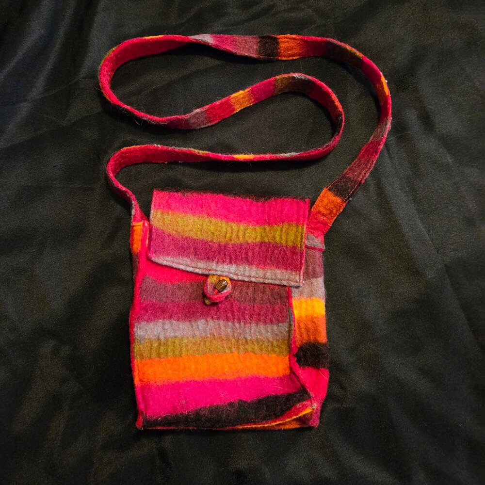 Fair Trade Nepalese Felted Wool Bag, Stripes of Red, Orange, Magenta